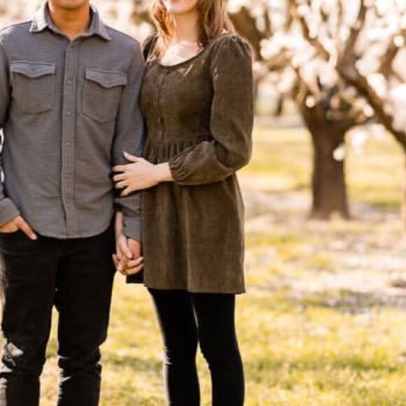 Shein Olive Green Corduroy Long Sleeve Round Neck Mini Dress - Picture 3 of 6